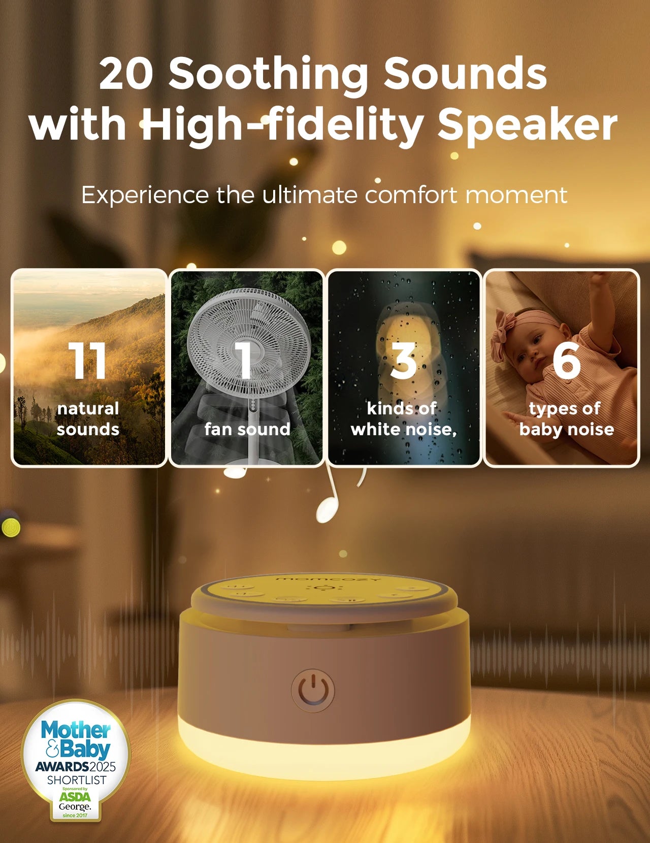 Momcozy Sound Machine for Baby, Portable Rechargeable, 20 Sleep Sounds White Noise Machine with Nursery Night Light, Travel