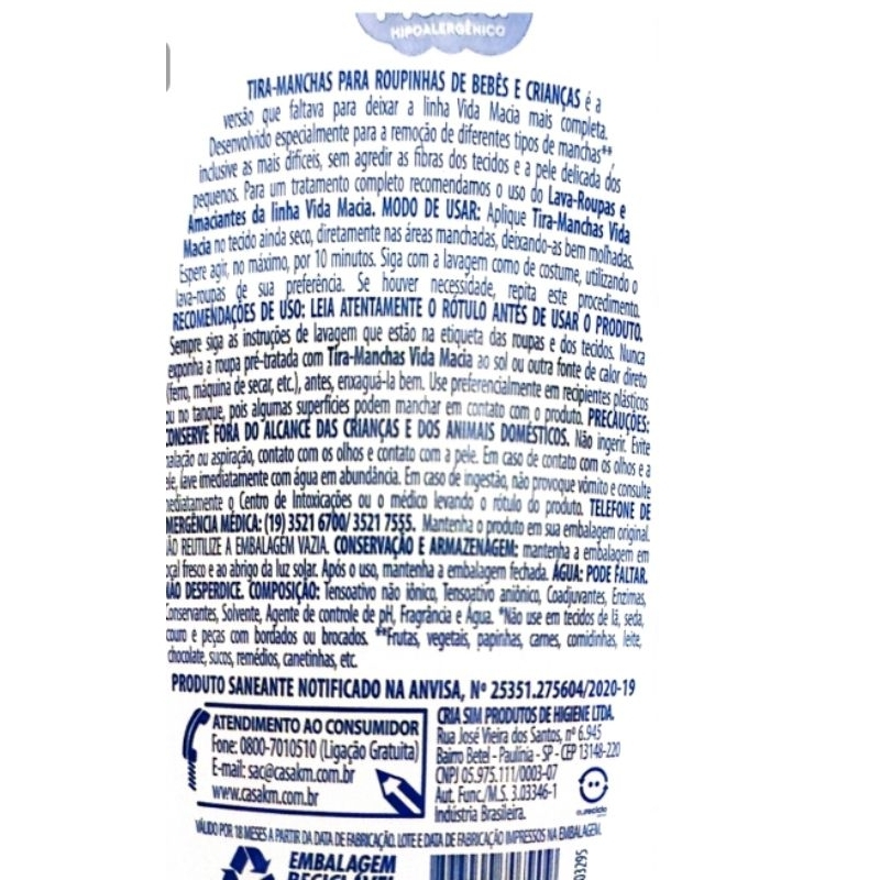 Tira Manchas Hipoalergênico Para Roupas De Bebe Bebê Vida Macia De 500 Ml no