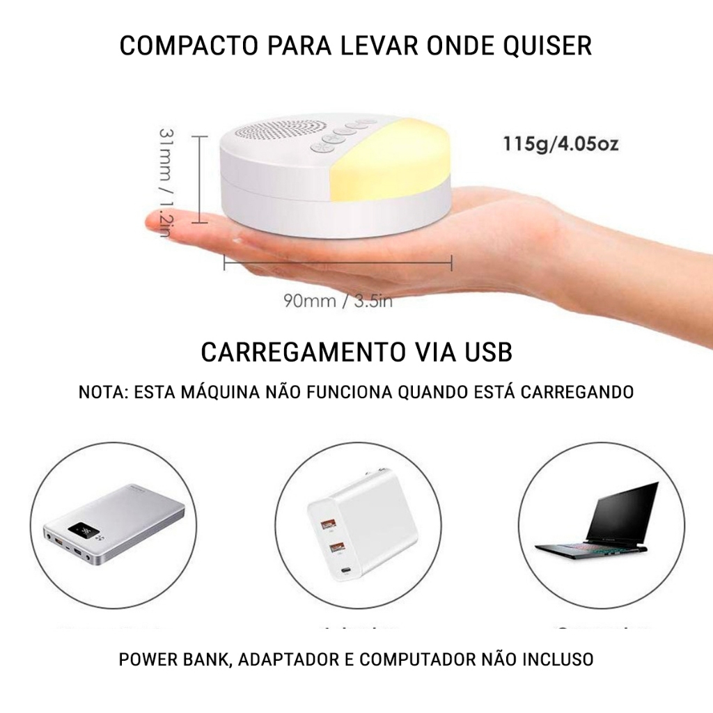 Aparelho Máquina de ruído branco Calmante Bebê Sono Relaxamento USB Recarregável luz noturna