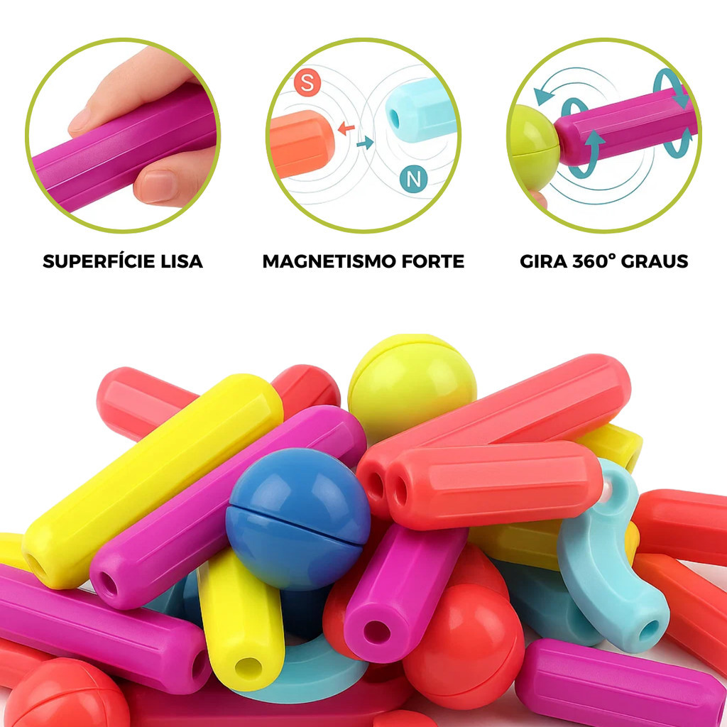 Blocos de Montar Magnético Construção 128 Peças Bastãos e Bolas Brinquedo Educativo Infantil
