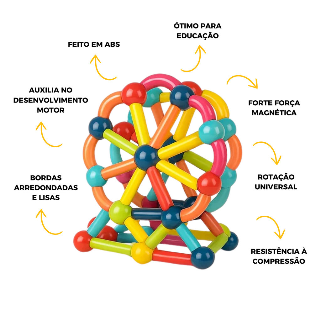 Blocos de Montar Magnético Construção 128 Peças Bastãos e Bolas Brinquedo Educativo Infantil